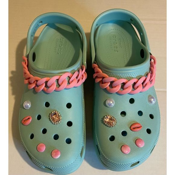 Crocs shoes Platform shoes Crocs Teal w/ charms sz 10 - Picture 2 of 7